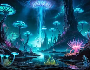 Vibrant extraterrestrial vegetation thrives on an alien world, with towering mushroom-like structures and bioluminescent plants.. AI Generation