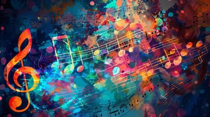 Vibrant music notes and sheet music background with disc and treble clef illustration