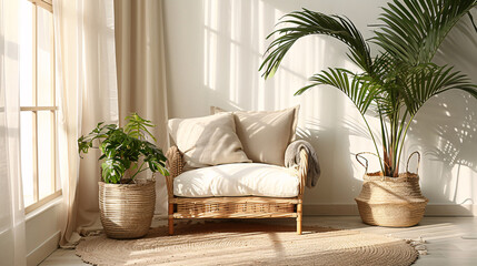 Elegant home decor with a boho houseplant, chic furnishing, and bright, airy atmosphere