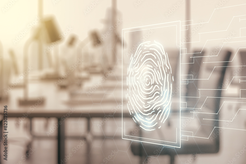 Poster multi exposure of virtual fingerprint scan interface on a modern furnished office interior backgroun