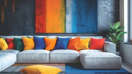 A modern living room with a comfortable sectional sofa adorned with vibrant multicolored pillows against an artistic abstract painting backdrop.