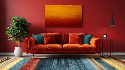 A modern living room interior with a vibrant orange couch, colorful striped floor, and red walls topped with a sunset canvas painting