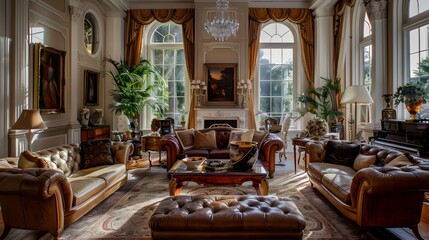 Elegant and sophisticated traditional living room with luxurious furniture and decor bathed in natural light from large windows. 