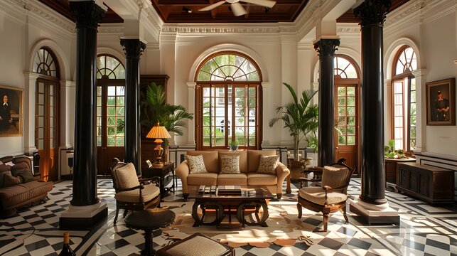 Elegant and luxurious interior of a colonial style living room with natural lighting and classic furniture. 