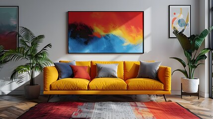 Modern living room interior with vibrant yellow sofa and colorful wall art on a sunny day. 
