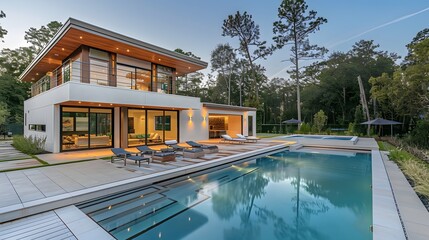 Fototapeta premium Luxurious modern house with large swimming pool captured during twilight offers an ideal suburban dream home 