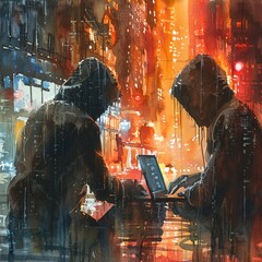 Watercolor painting of two hooded figures with laptops in a city at night. Highlights themes of cybercrime and hacking.