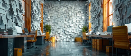 Office with walls covered in documents and cluttered desks. The busy atmosphere reflects a high-pressure work environment.