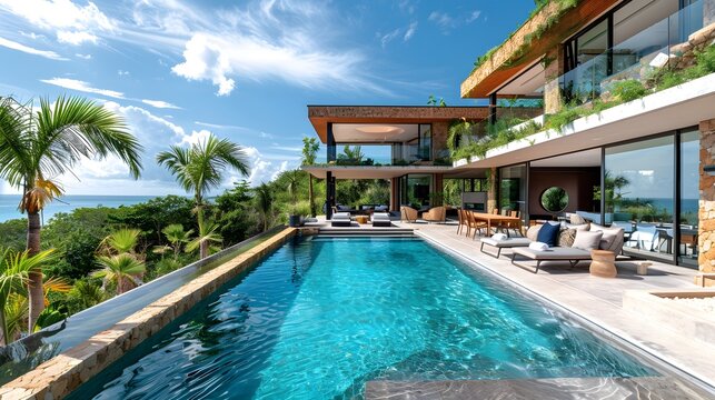 Luxury house with an infinity pool overlooking a serene ocean view under a clear sky