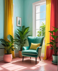 a room with a chair, potted plants and a window