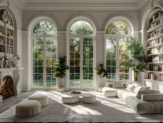 An elegant white-themed spacious living room with large windows overlooking a lush garden, classical architecture, and a cozy seating area symbolizes luxury and tranquility. 