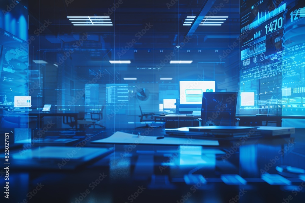 Poster Modern Office Technology: Digital Workspace with Futuristic Computers and Secure Network Data in a Cyber Environment, Generative AI