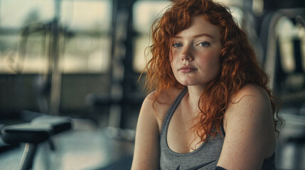 A young woman in sports clothes stands in front of a fitness club. She has just finished a workout at the gym.