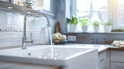 Elegant porcelain sink in a contemporary kitchen, close-up view with studio lighting, highlighting its durability and easy maintenance for advertising