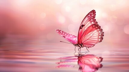 Elegant pink butterfly fluttering above the water's surface, detailed close-up with a beautiful reflection, ideal for advertising, isolated background
