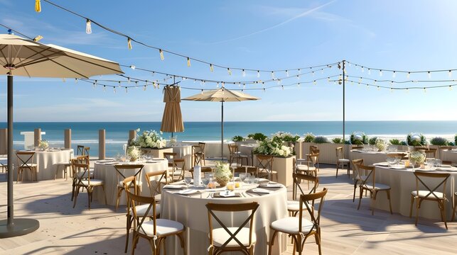 Elegant outdoor dining setup on a terrace overlooking a serene beach with string lights and ocean view during the daytime 