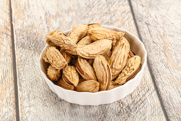 Shelled dry almond nut heap