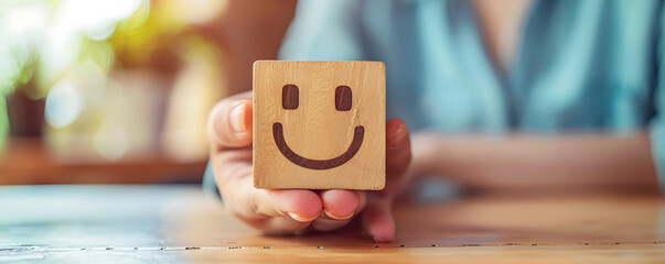 A person holding wooden blocks with smile face for positive customer review satisfaction feedback rating.