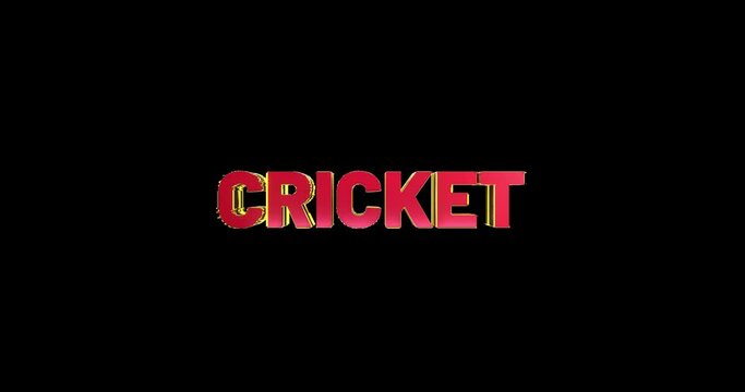 A smooth and high quality, red and gold 3D sport text reveal "cricket". The animated text lit up with a dynamic glow, then repeated on a green background so it can be used with transparency.