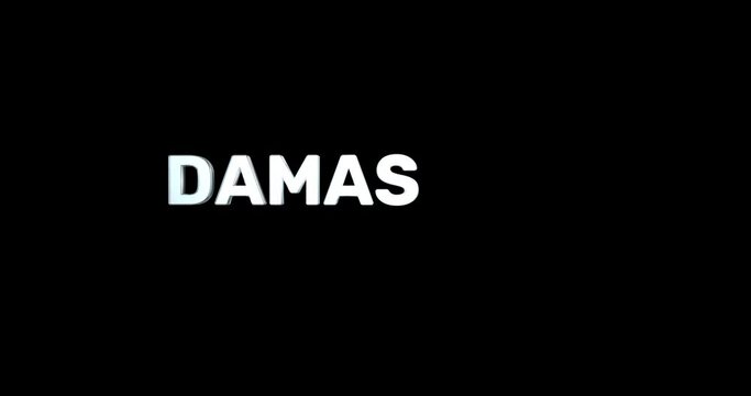 A smooth and high quality, silver 3D text reveal of the capital city "DAMASCUS". The text animates in and out smoothly and is repeated on a green background so it can be used with transparency.