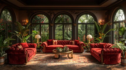 A luxurious vintage living room interior with red velvet sofas, ornate windows, and lush green plants, inviting relaxation and opulence. 