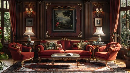 An opulent vintage living room with luxurious red sofas, elegant lamps, and a classic painting, evoking an air of aristocratic comfort 
