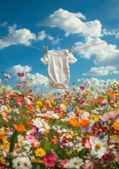 Baby Onesie Hung on String with Wooden Clips in the Middle of a Colorful Flower Field