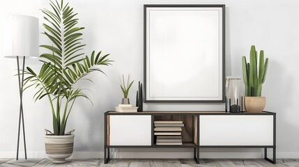 A modern interior scene featuring an empty frame on a wall above a stylish console with decorative plants and books, suitable for mock-up designs.