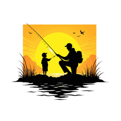 a silhouette of a father and son fishing at sunset