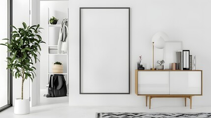 Modern Scandinavian-style interior with a blank frame, sideboard, and decorative elements on a white background. 
