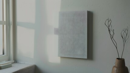 Minimalist interior with blank canvas on wall and shadow play from window light 