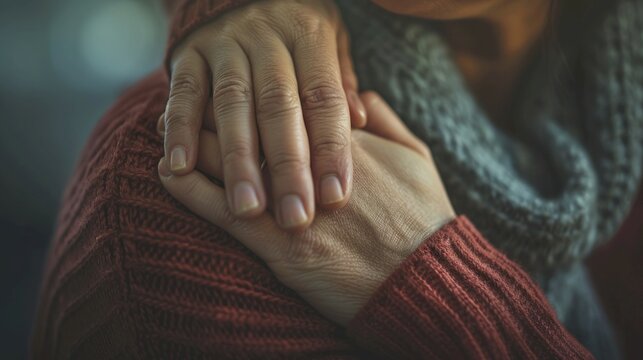 A closeup of a hand gently patting someone on the shoulder The background is softly blurred, highlighting the gesture of comfort and support