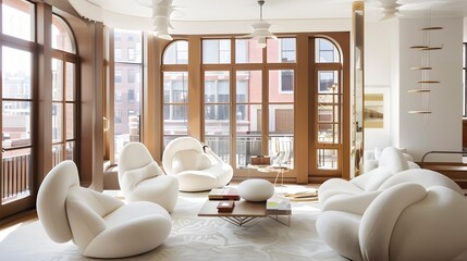 Elegant modern living room interior with unique white furniture and large windows offering a city view 