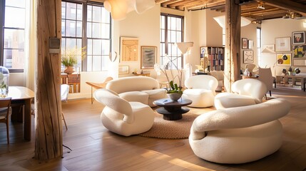 Bright and modern living room interior with stylish curved white sofas and warm sunlight streaming through large windows, creating a cozy and inviting atmosphere. 