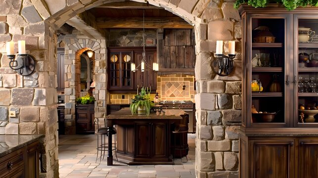 Elegant stone arch kitchen interior with warm lighting and rustic design elements. 