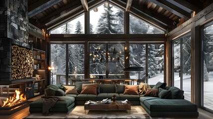 A luxurious and cozy cabin interior with a warm fireplace, comfortable seating, and large windows showcasing a snowy landscape outside.