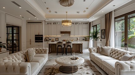 Elegant and spacious modern kitchen and living room interior with luxurious white furniture and a grand chandelier, showcasing a sophisticated design. 
