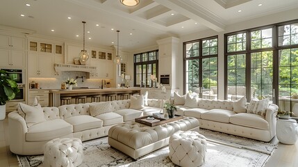 Elegant and spacious white-themed kitchen and living room interior with large windows and luxurious furnishings  - Powered by Adobe