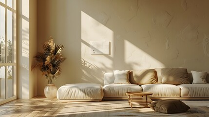 A modern living room bathed in warm sunlight with stylish furniture and a minimalist design aesthetic 