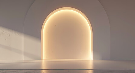 White wall with soft light and an archshaped glowing golden portal. Created with Ai