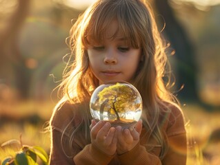 Naklejka premium The little girl holds the Earth in her hand