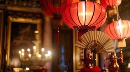 Naklejka premium Traditional red Chinese lanterns decorate an elegant interior, illuminating with a warm festive glow for a cultural celebration 
