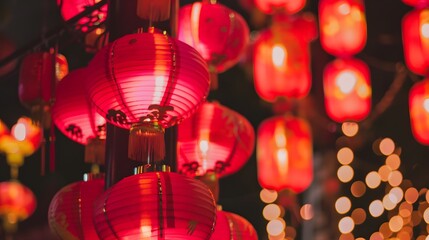 Traditional Chinese red lanterns hanging and glowing against a blurred background at night, symbolizing celebration and culture. 