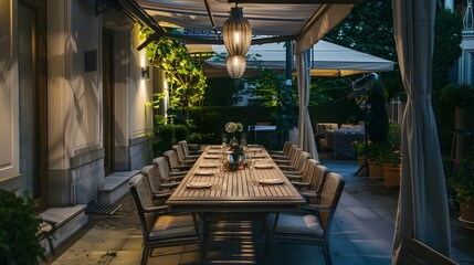 Fototapeta premium Elegant outdoor dining area illuminated at dusk with stylish furniture and ambient lighting. 