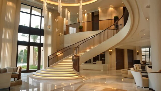A large contemporary living room featuring a spiral staircase and high ceilings, A contemporary showpiece with high ceilings, a grand staircase, and custom-designed lighting fixtures