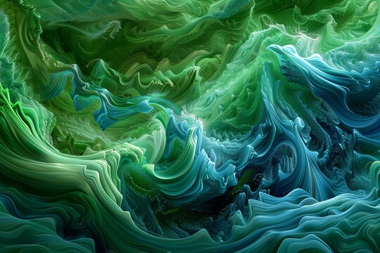 : Waves of emerald green and sapphire blue crash against each other, forming intricate patterns reminiscent of fluid dynamics in motion.