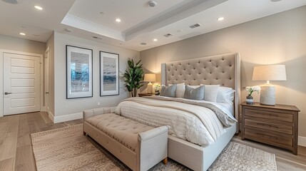 Elegant bedroom interior with a large tufted headboard, cozy bedding, and tasteful decor accents a serene and luxurious atmosphere. 