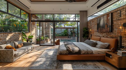 Modern and stylish bedroom interior with ample natural light and a view of a green garden, invoking a serene and luxurious atmosphere.  - Powered by Adobe