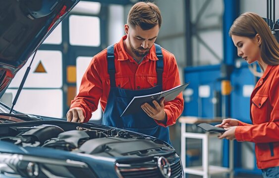 Together, a male mechanic and a female customer examine and discuss the engine of the car.