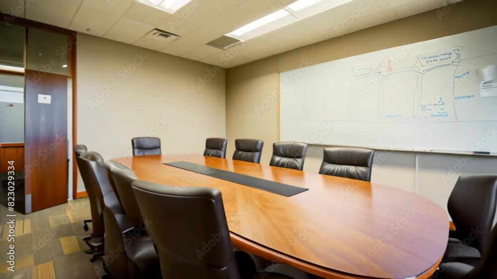 Poster Modern Conference Room With Board and Chairs, A corner conference room with a long wooden table, leather chairs, and a large whiteboard for brainstorming sessions